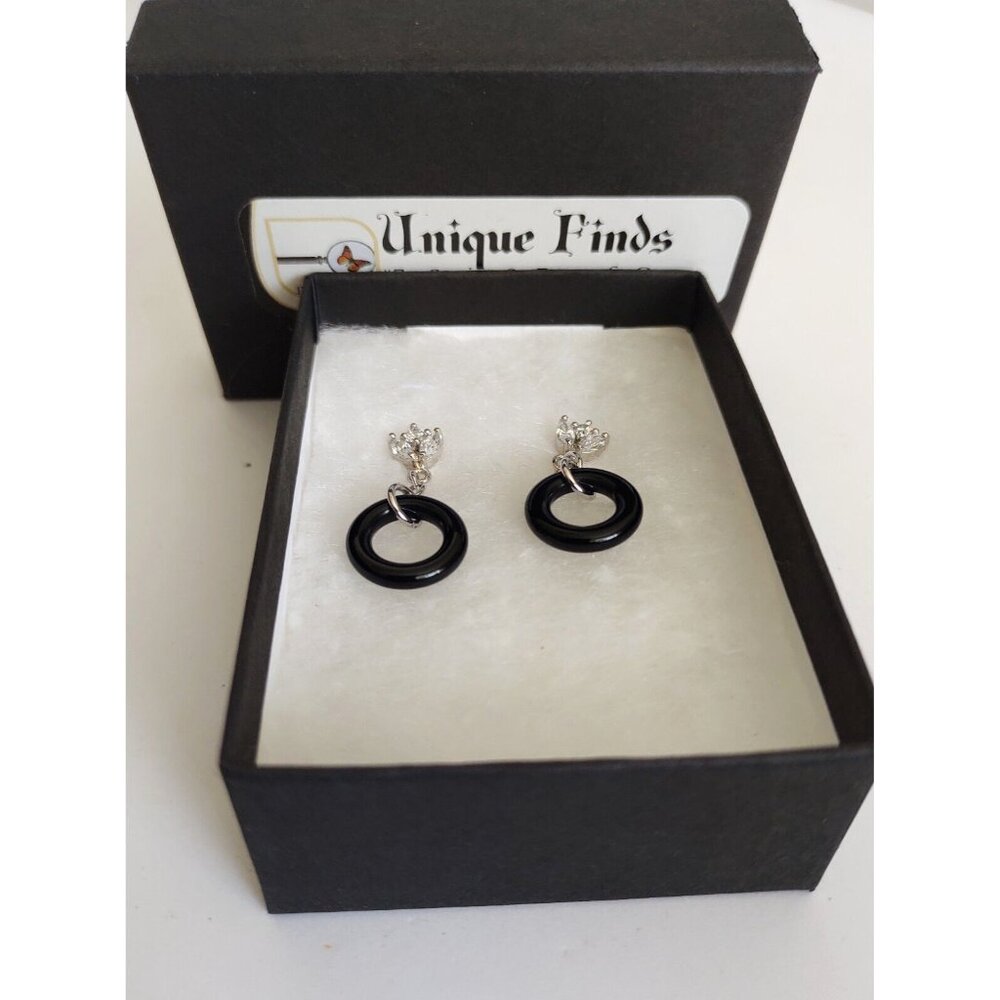 Women's Sterling Silver Stud Earrings Black Onyx with Cubic Zirconia NEW